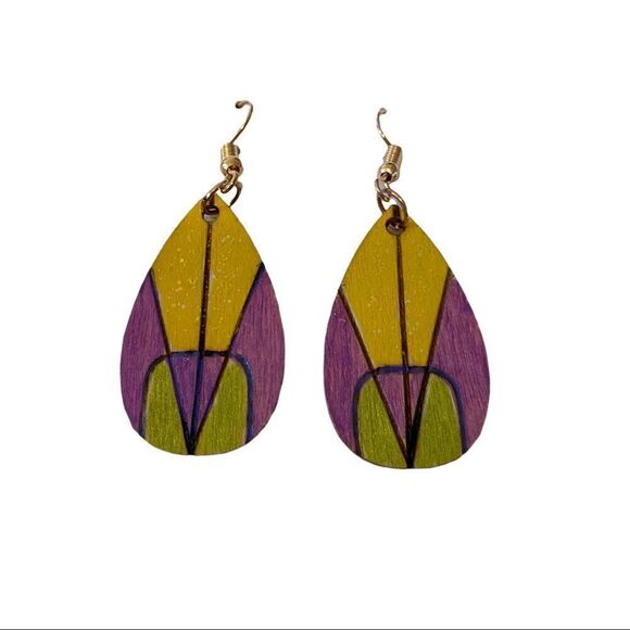 Hand-crafted & painted lightweight wood teardrop shaped Drop earrings. - Picture 6 of 6